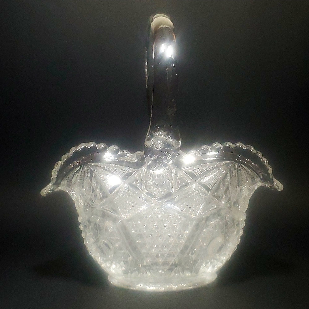 VINTAGE Hob Star Pattern Ruffled Edge Pressed Clear Glass Decorative Basket